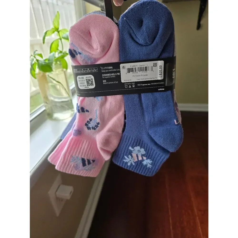 Adidas Girls' 6-Pack Athletic Cushioned Quarter Socks Multicolor Large (5Y-7Y)
